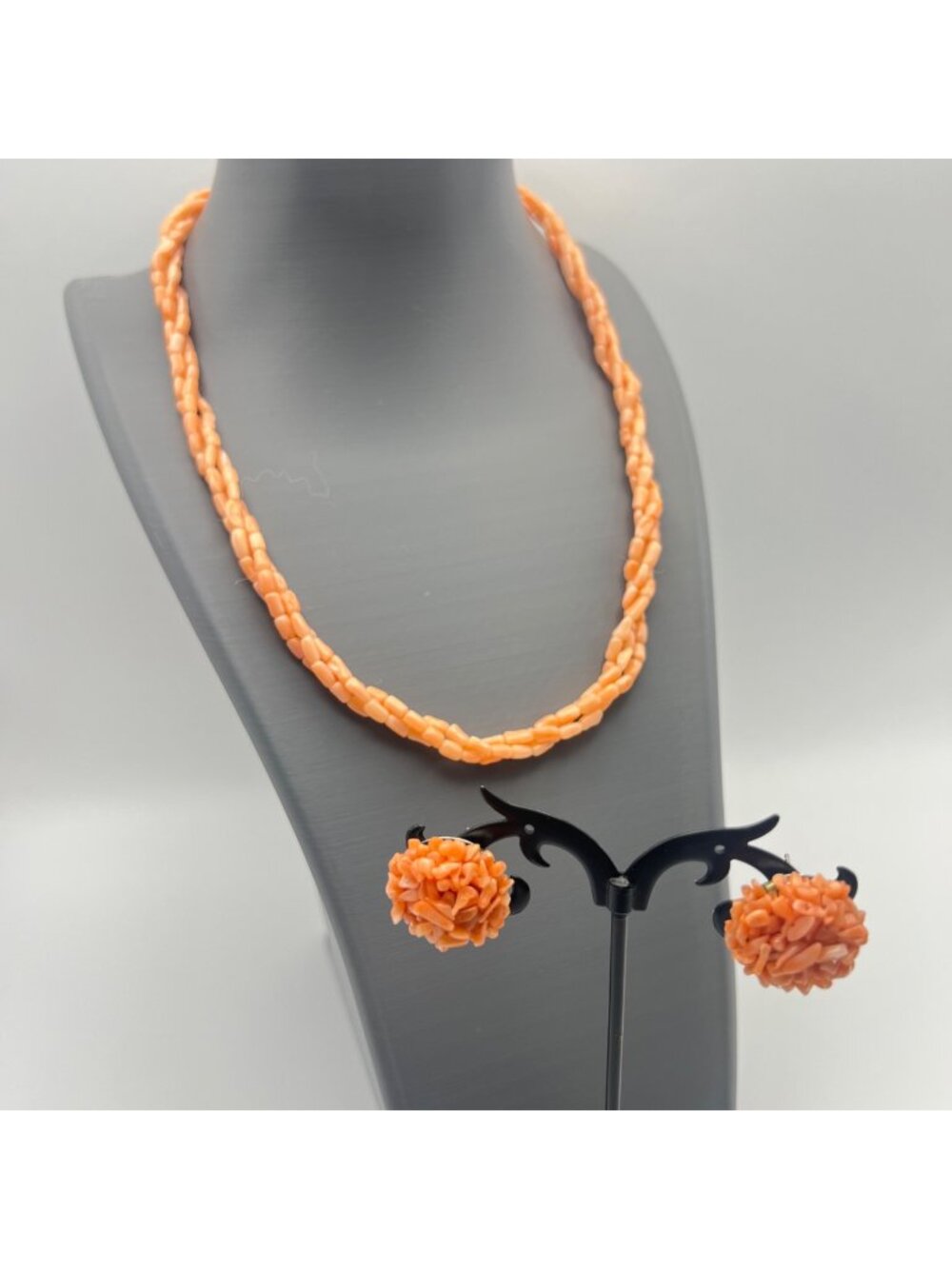Vintage Salmon Peach Coral 3 Strand Necklace Cluster Earrings Jewelry Set